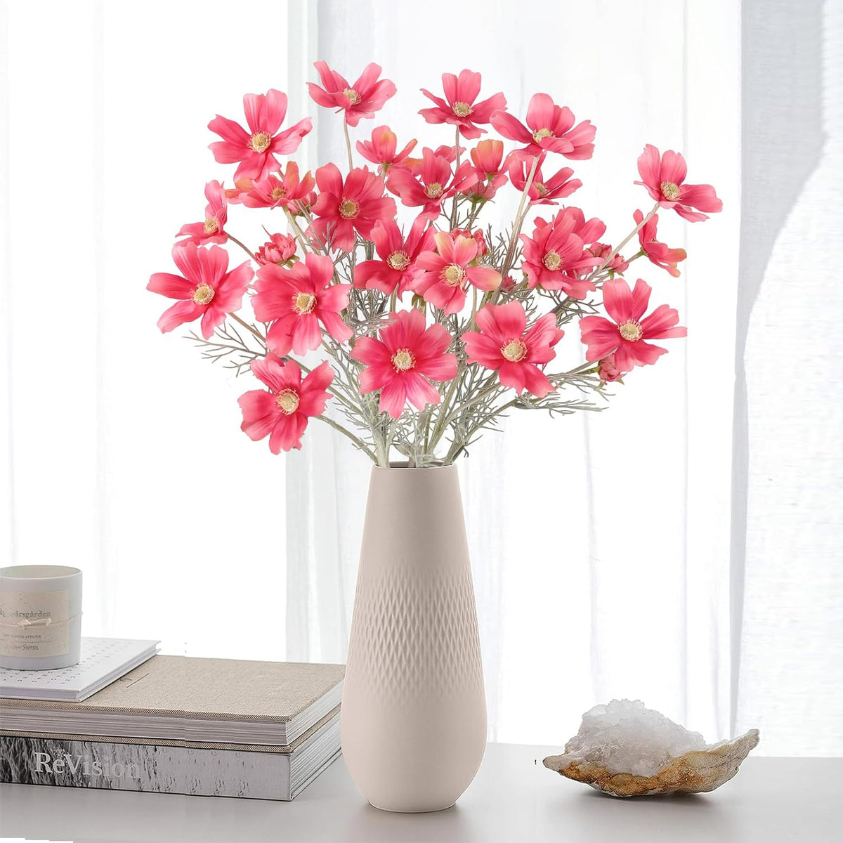 Daisy Flowers Artificial,6PCS Pink Faux Flowers 24'' Cosmos Silk Flowers Fake Wildflower Stems for Wedding Party Kitchens Home Decoration(Deep Pink)