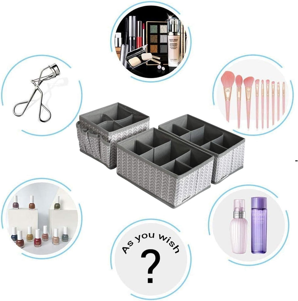 Cosmetic Storage Bins Makeup Organizer, Adjustable Multifunction Storage Box Desk Drawer Divider for Makeup Brushes, Bathroom Countertop or Dresser, Set of 3 (Grey)