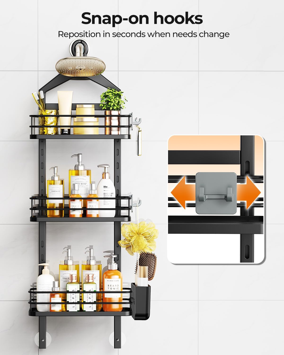 ODesign 3 Tier Adjustable Shower Caddy Hanging Over Head Anti-Swing Black