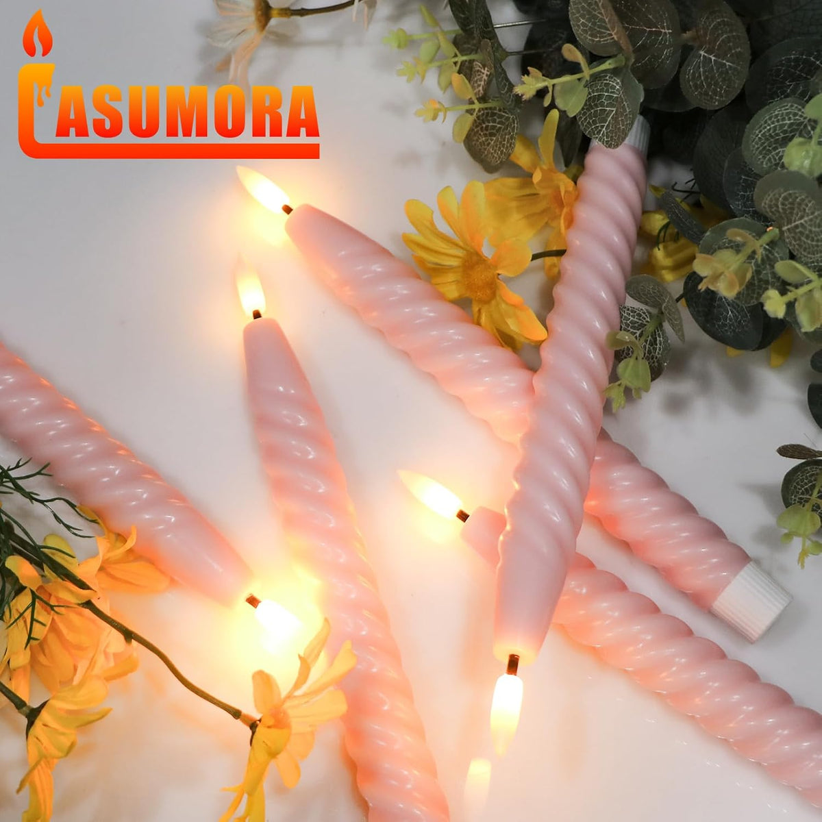 Pink Flameless Taper Candles Flickering with Remote Timer