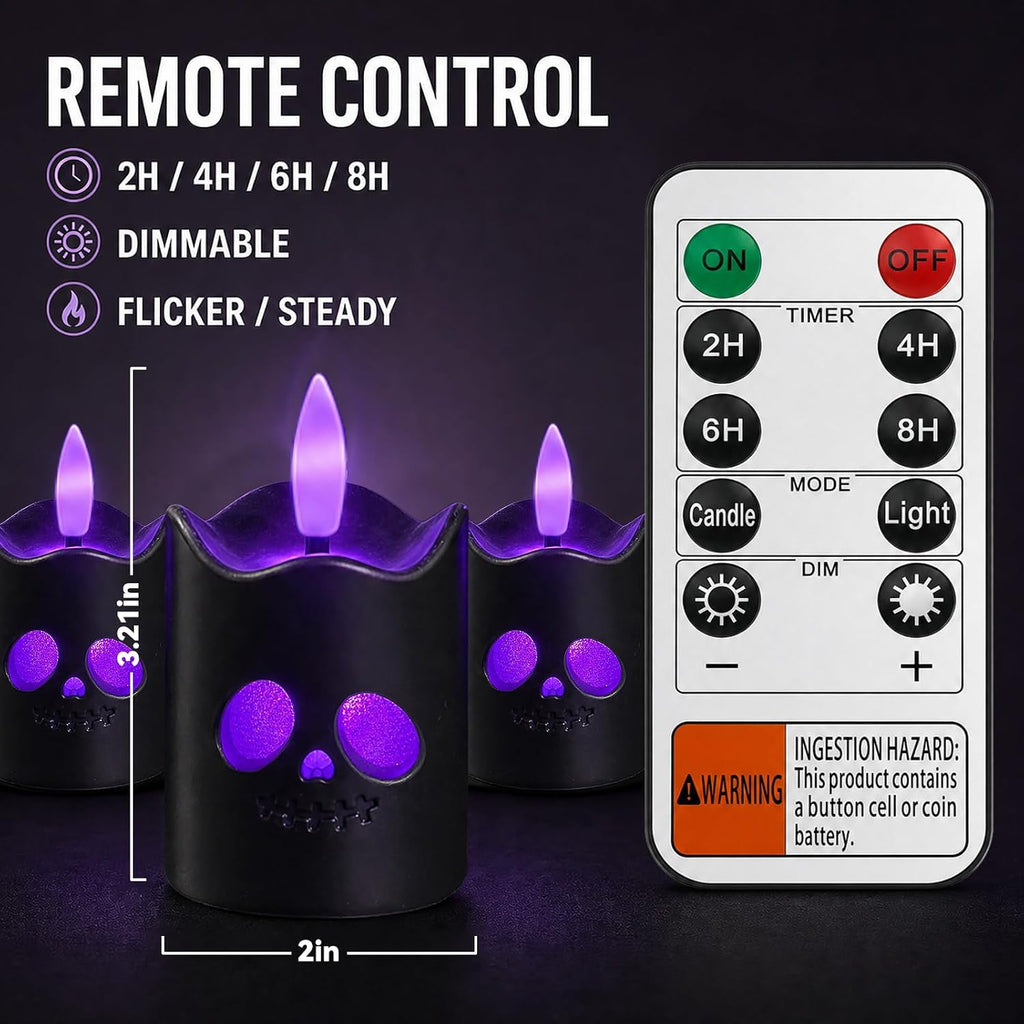 Black Halloween Flameless Votive Candles with Remote, Purple Glow, 6 Pack