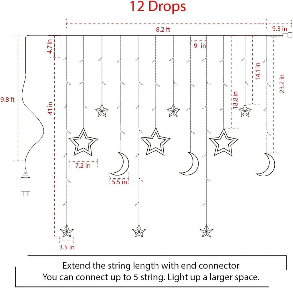 Christmas LED Curtain String Lights - 18FT 12 Drops 138 LED Star Moon Hanging Lights with Remote, 8 Modes, 6H Timer, Waterproof Connectable Window Lights for Indoor Outdoor Holiday Decorations