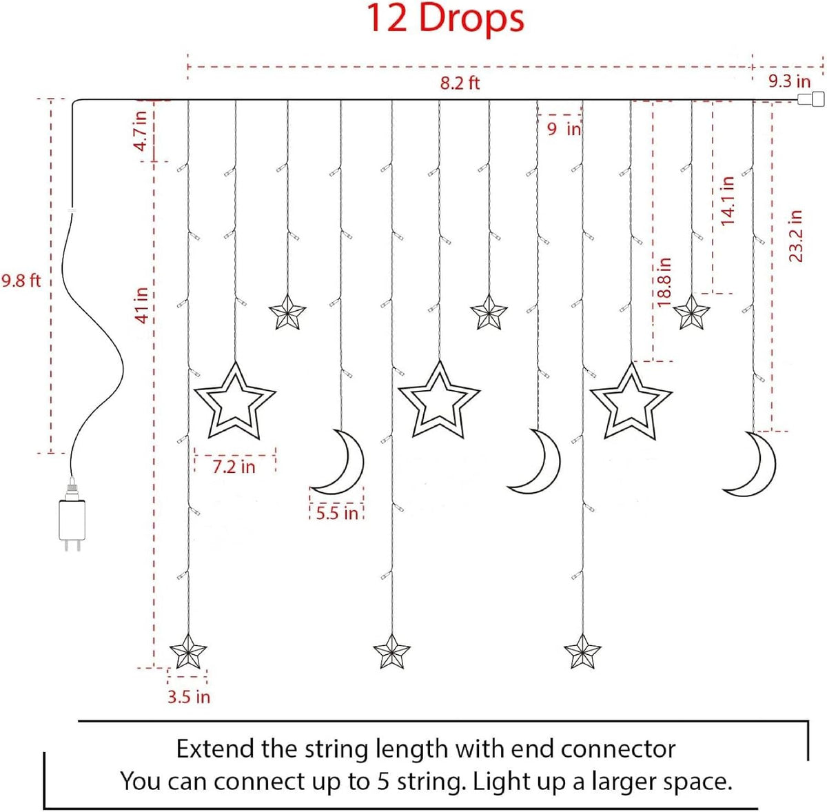 Christmas LED Curtain String Lights - 18FT 12 Drops 138 LED Star Moon Hanging Lights with Remote, 8 Modes, 6H Timer, Waterproof Connectable Window Lights for Indoor Outdoor Holiday Decorations