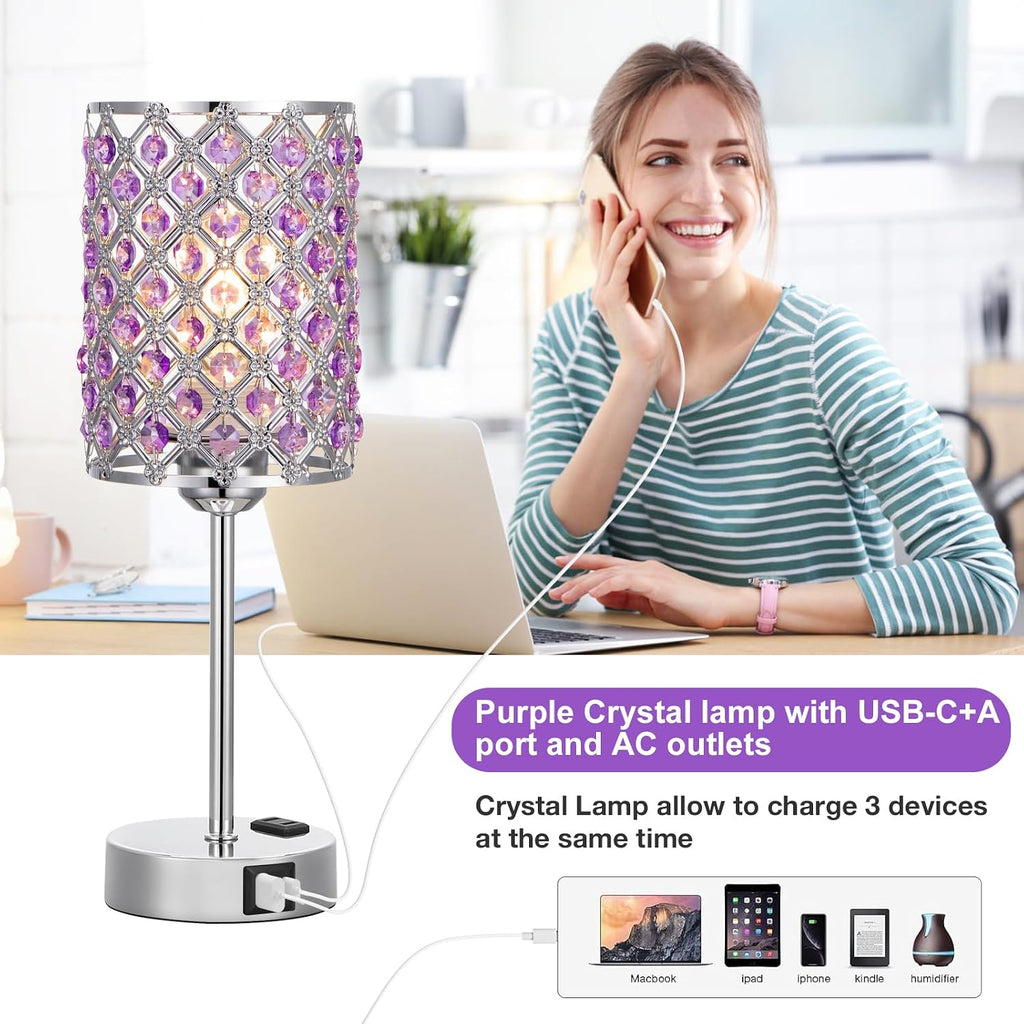 Hong-in Crystal Lamps for Night Stands, Purple Table Lamp for Bedroom