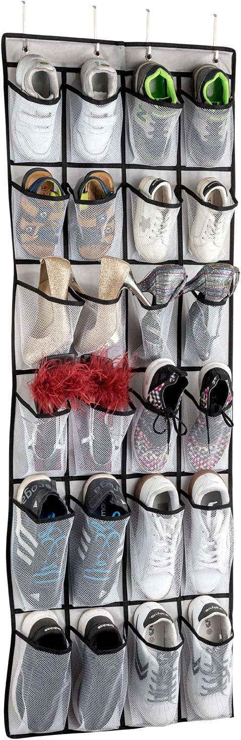 SAVERHO Over the Door Shoe Organizer, Hanging Shoe Organizer with 24 Mesh Large Pockets Door Shoe Rack Organizer for Men Women Kids Hanging Shoe Storage Bag.(White)