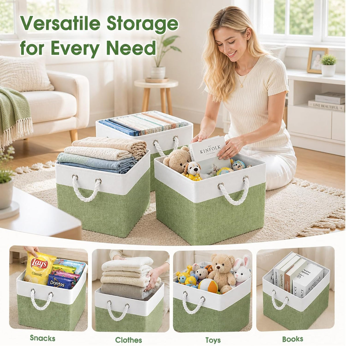 Fabric Storage Cubes 13 x 13, Collapsible Storage Bins for Shelf Baskets, Cube Storage Organizer White Green Bins with Cotton Handles, Foldable Storage Bin box, Cube Storage Bin 6 Pack