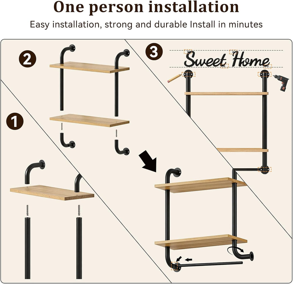 Tinpin Bathroom Shelves Wall Mounted, Rustic Farmhouse Pipe Shelves, 2-Tier, Industrial Shelving Over Toilet, Floating Shelf Decor for Bathroom, Kitchen, Bedroom, Living Room 17.3 inch