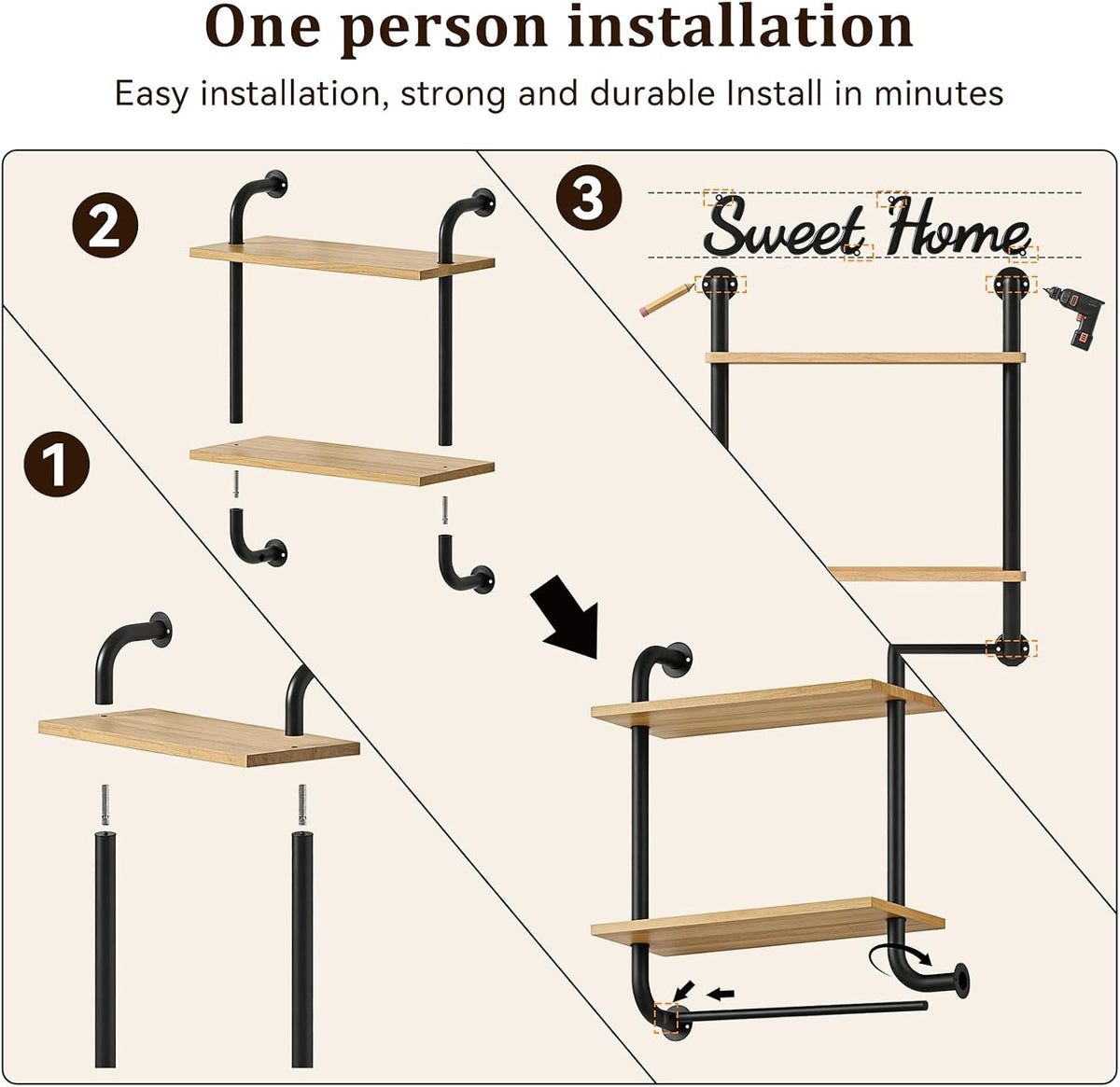Tinpin Bathroom Shelves Wall Mounted, Rustic Farmhouse Pipe Shelves, 2-Tier, Industrial Shelving Over Toilet, Floating Shelf Decor for Bathroom, Kitchen, Bedroom, Living Room 17.3 inch