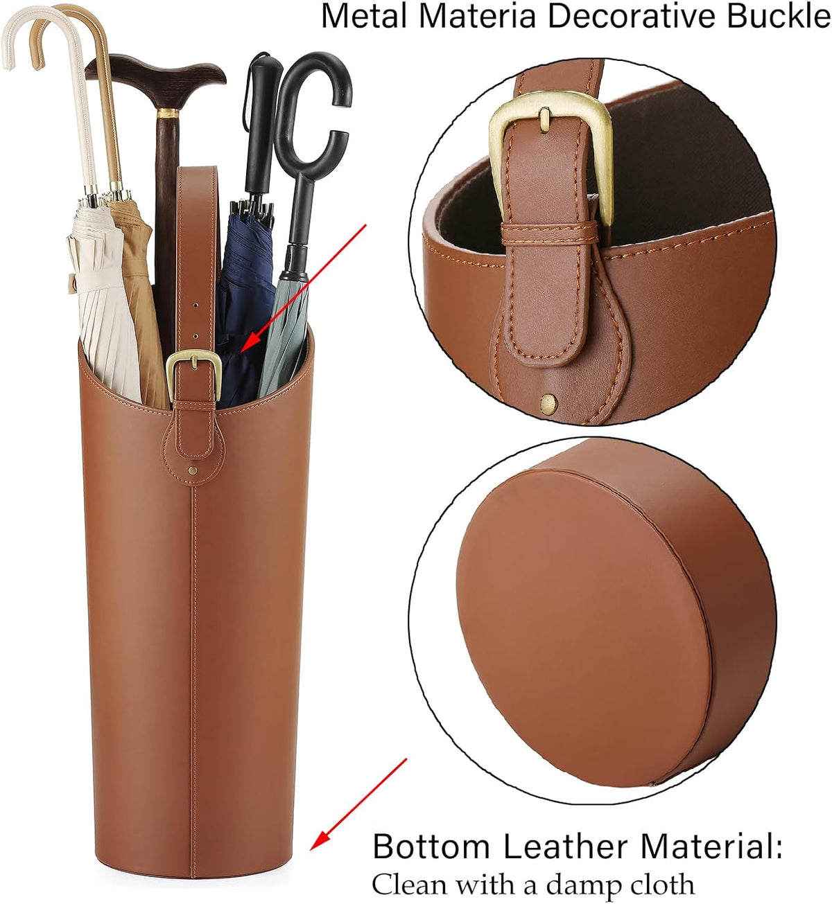 Brown Artificial Leather Tall Umbrella Holer Entryway Indoor for Business Office,22.4 Inch Umbrella Stand Entryway with Removable Water Tray 2 Hooks