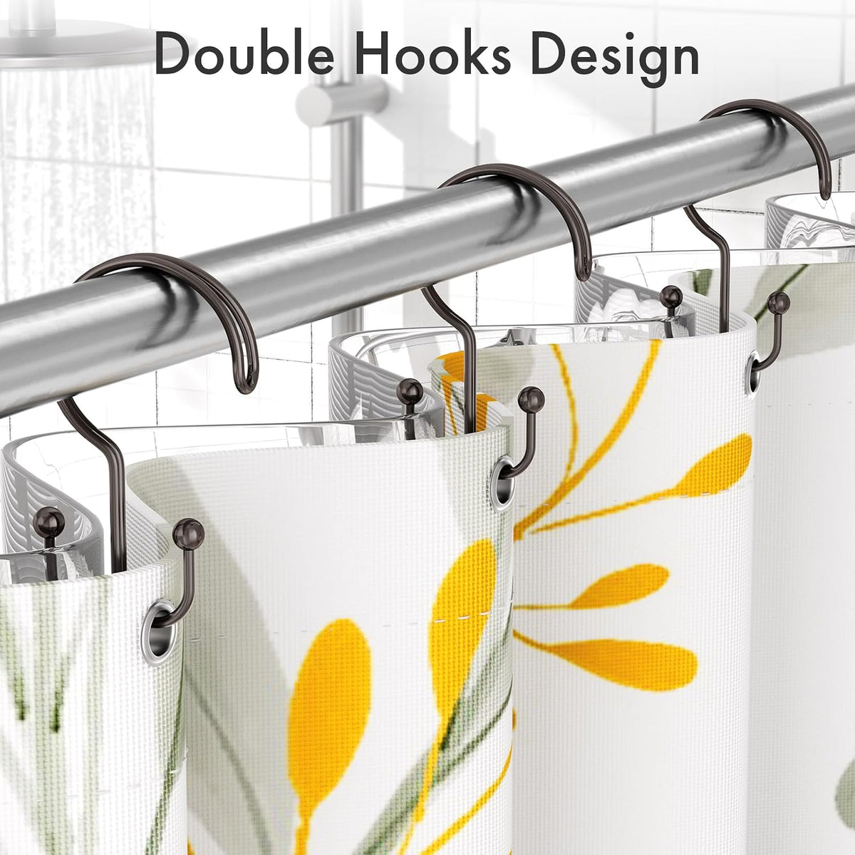 Bathway Bronze Shower Curtain Hooks Ring, 12 Pcs Double Sided Shower Hooks, Rust Proof Metal Shower Hooks for Bathroom, Anti-Drop Shower Rings for Shower Curtain & Liners