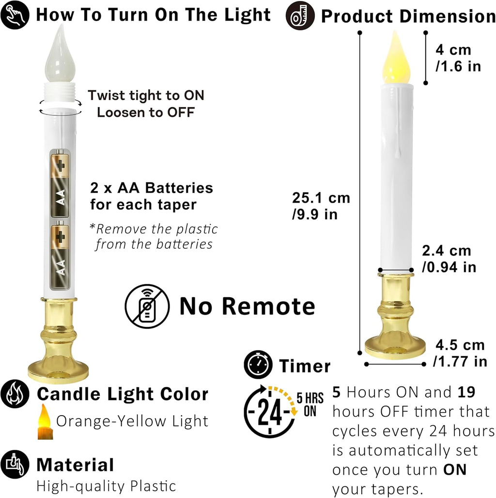 FURORA LIGHTING White 9.9" LED Taper Candles with Gold Holders, 2-Pack