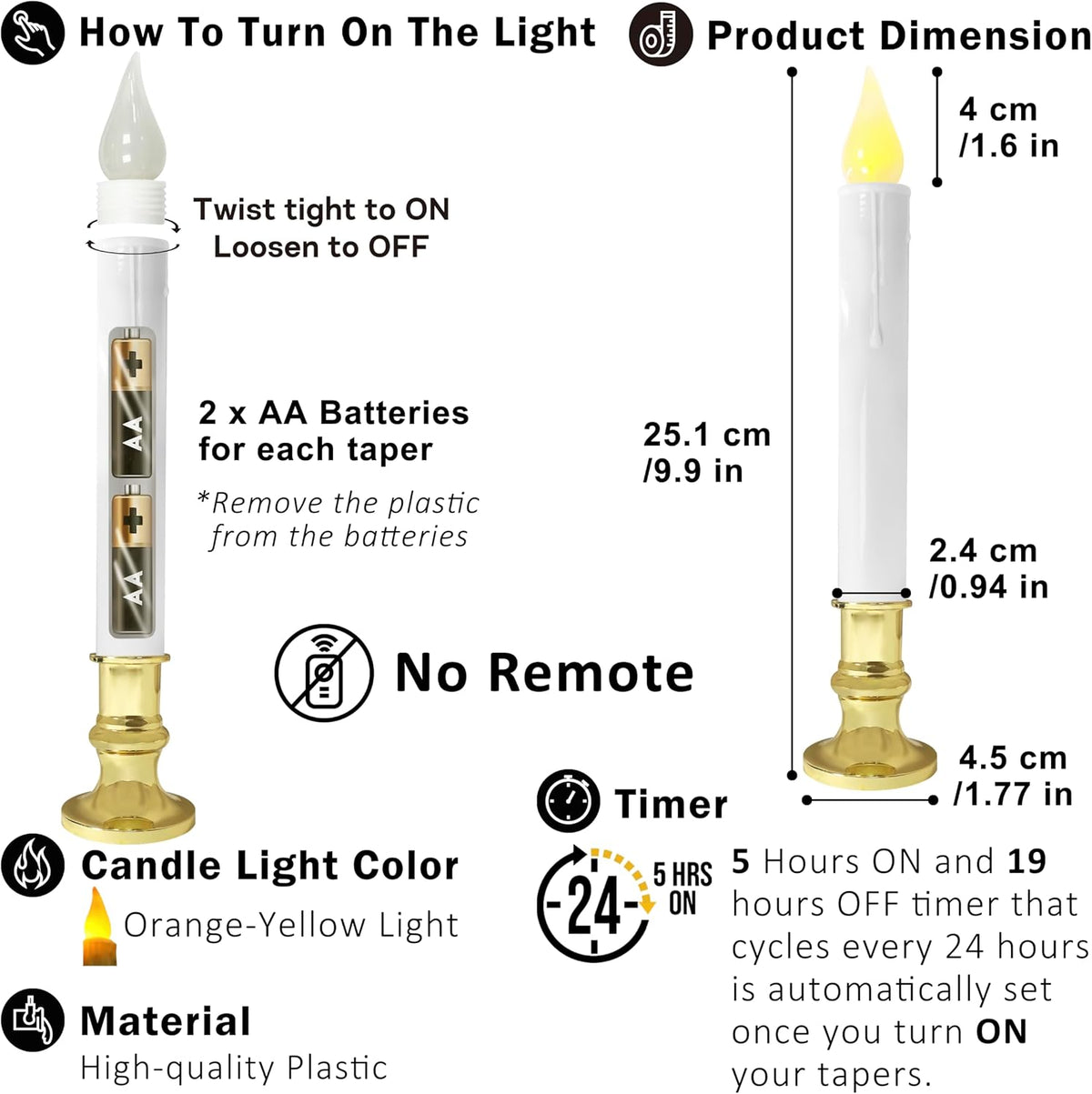 FURORA LIGHTING White 9.9" LED Taper Candles with Gold Holders, 2-Pack
