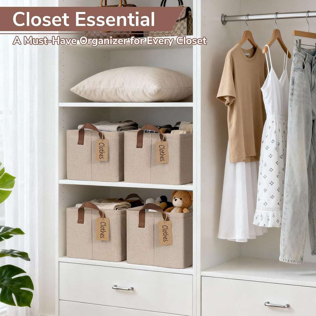 CHICVITA 4 Pack Fabric Storage Bins for Shelves, Metal Frame, 20L Brown