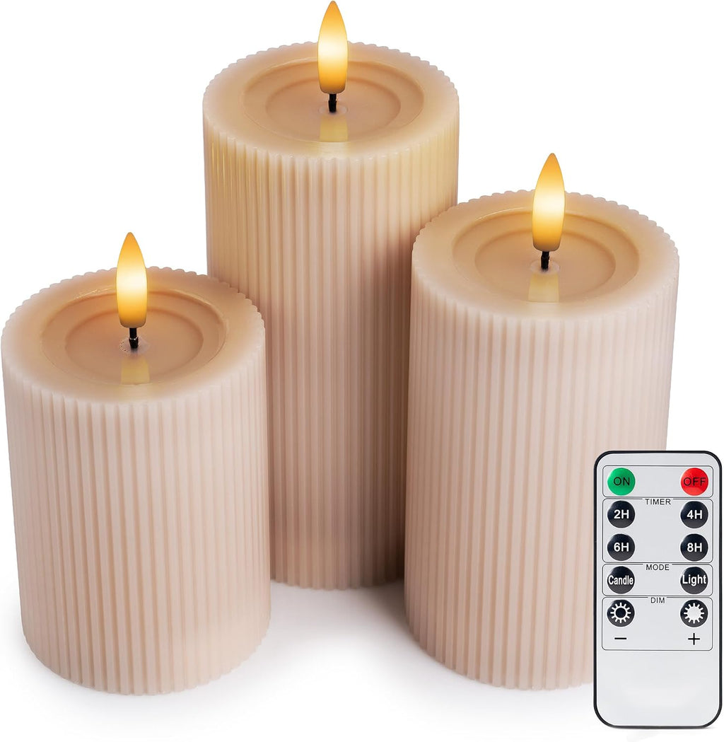 Fluted Ribbed LED Pillar Candles, Blush Beige, with Realistic Reflective Melted-Wax Effect – Flickering Flame, Remote, Dimmable, Flameless, Battery Operated, Home & Wedding Decor (Set of 3)