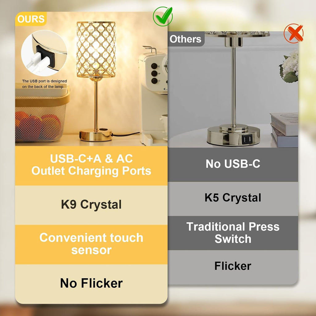 Hong-in Gold Lamps for Night Stands, Crystal Table Lamp with Touch Control