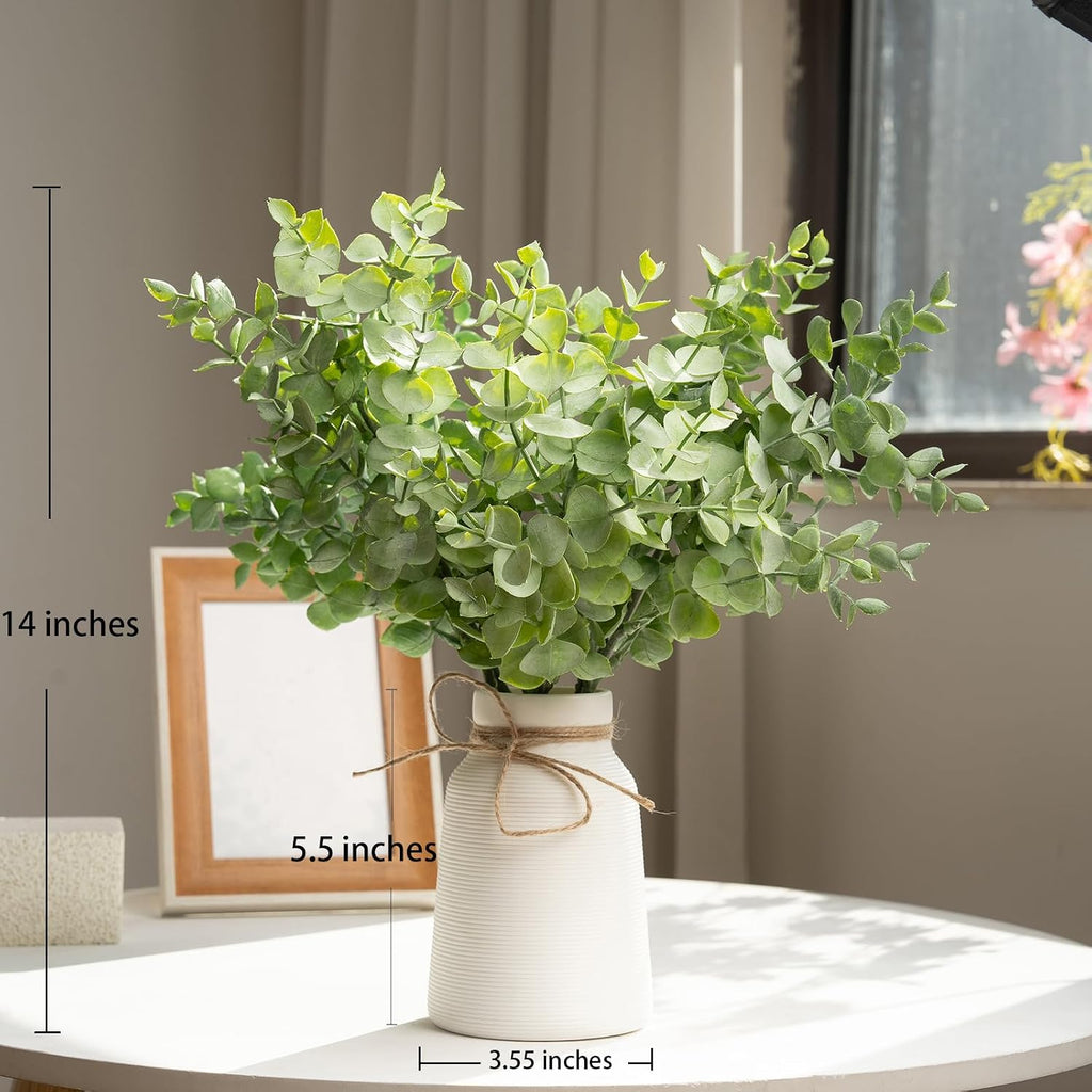 Artificial Eucalyptus Stems in White Ribbed Texture Ceramic Vase,Realistic Greenery 14" Faux Plant Arrangements Home Decor Weddings Centerpieces