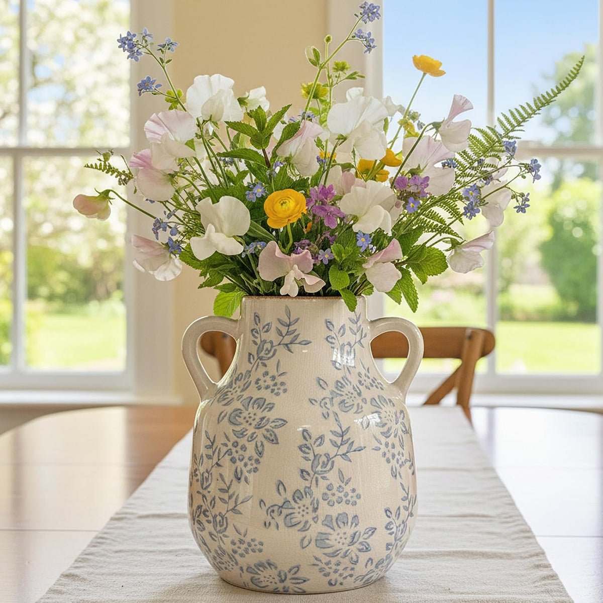 Blue and White Chinoiserie Ceramic Vase Vintage Flower Vase, 8.1in