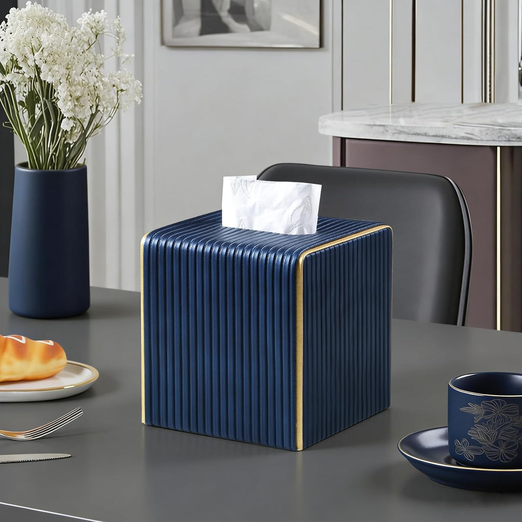 Square Tissue Box Cover, PU Leather Tissue Box Holder Navy Blue