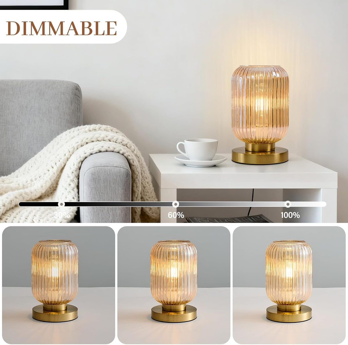 Mid Century Modern Table Lamp, 6" Amber Glass Desk Lamp Plug In