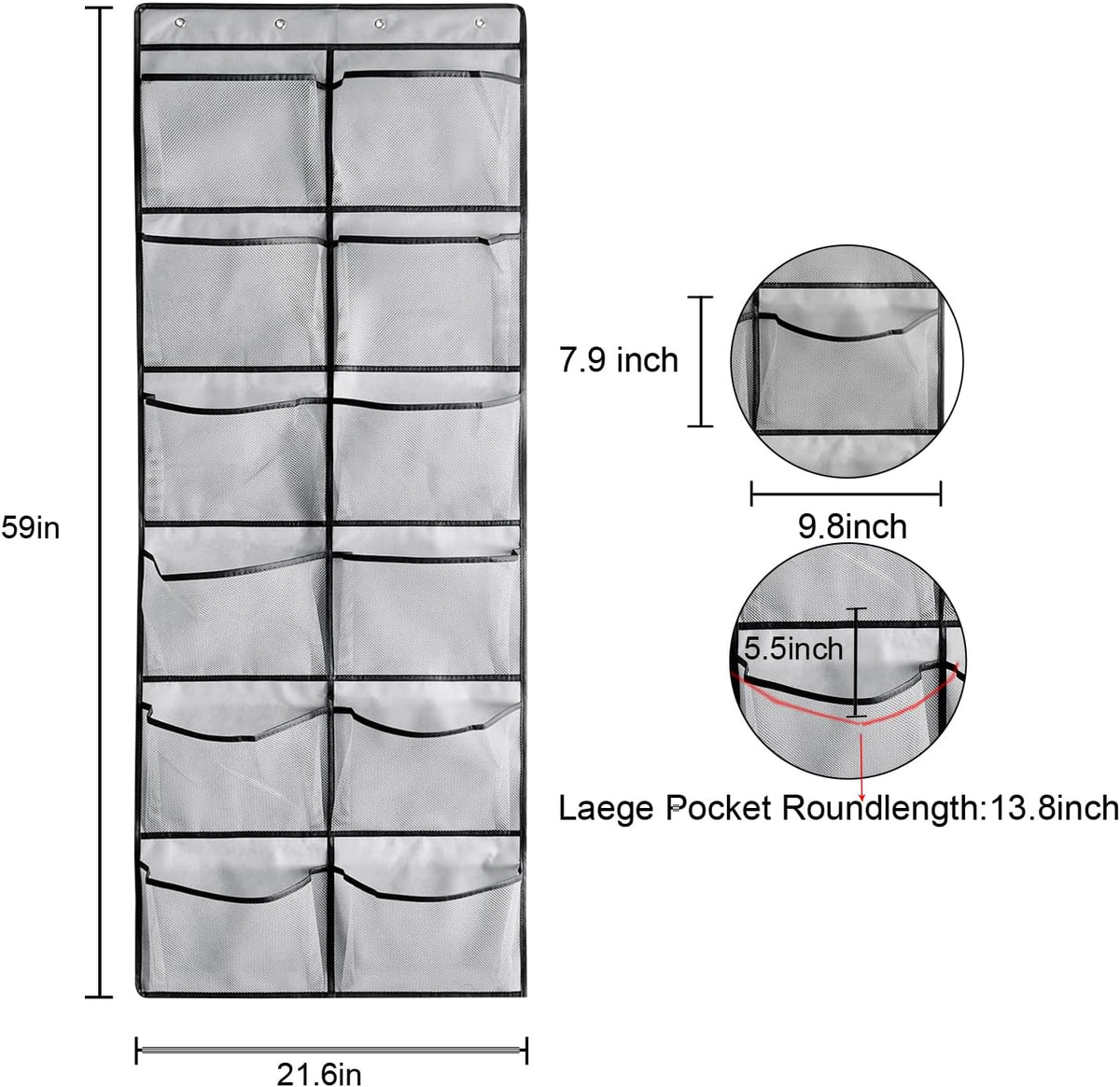 1 Pack 12 Breathable Mesh Pockets Large Hanging Shoe Organizer Over The Door Shoe Rack for Closet Door Storage Shoe Holder Hanger, 4Hooks, Grey (59'' x 21.6'')