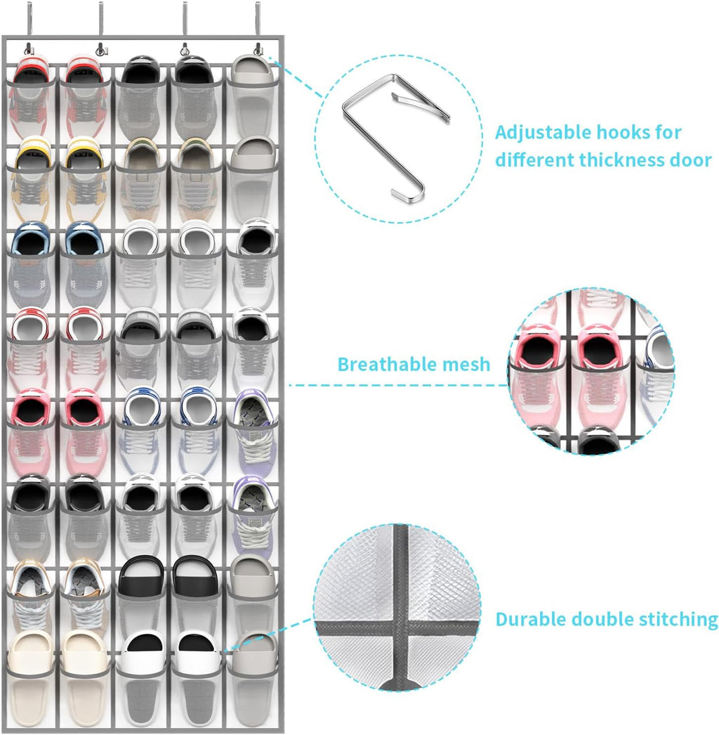 SAVERHO Over the Door Shoe Organizer, 40 Large Breathable Mesh Pockets Hanging Shoe Rack, Space Saving Shoe Holder for Entryway Bedroom Closet Storage (White)