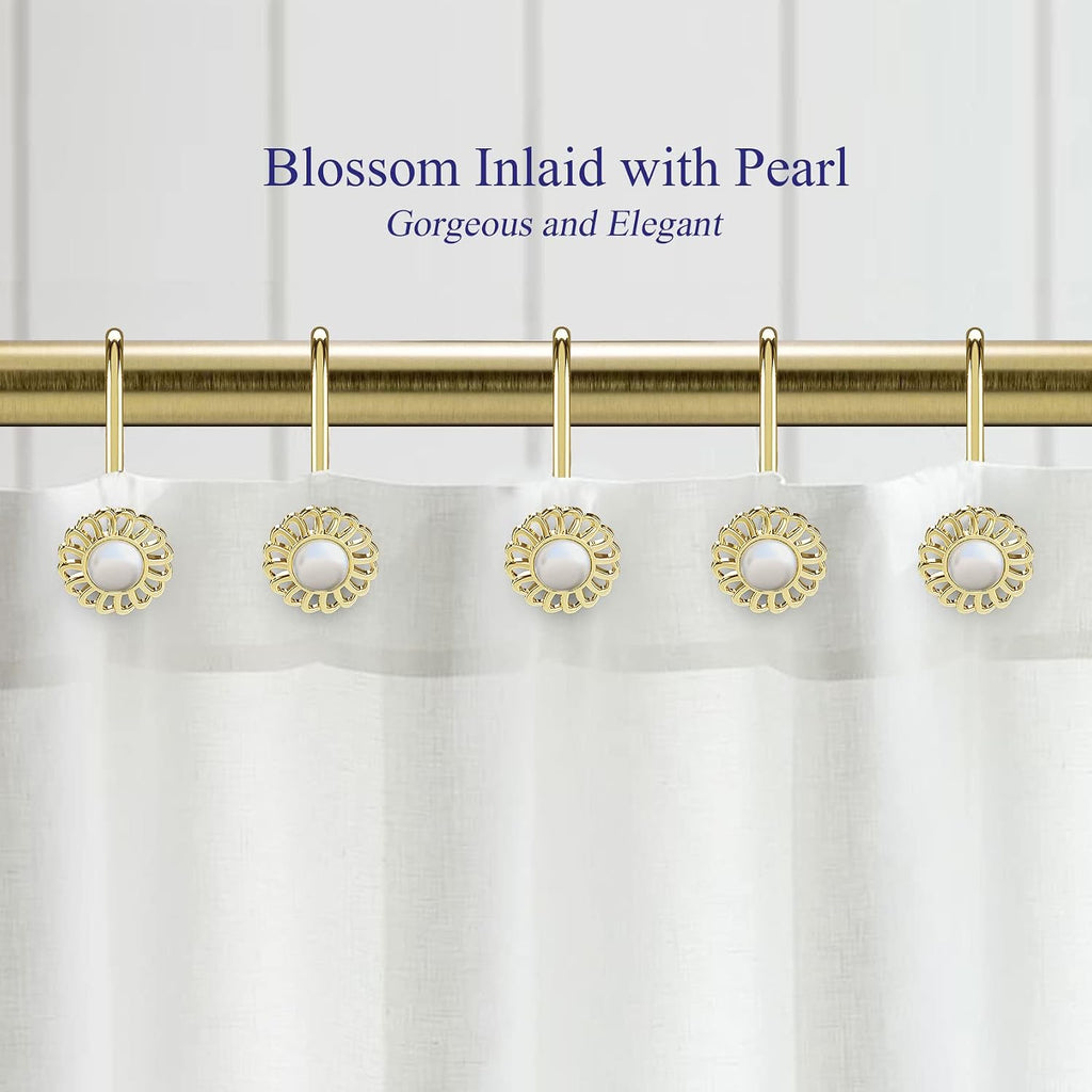 Gold Shower Curtain Hooks Rings, Decorative Shower Curtain Hangers, Heavy Duty Metal Shower Rings, Sunflower Shower Hooks for Shower Curtain Rod and Liner, Bathroom Curtain Hooks, Luxury Gold, iToplin