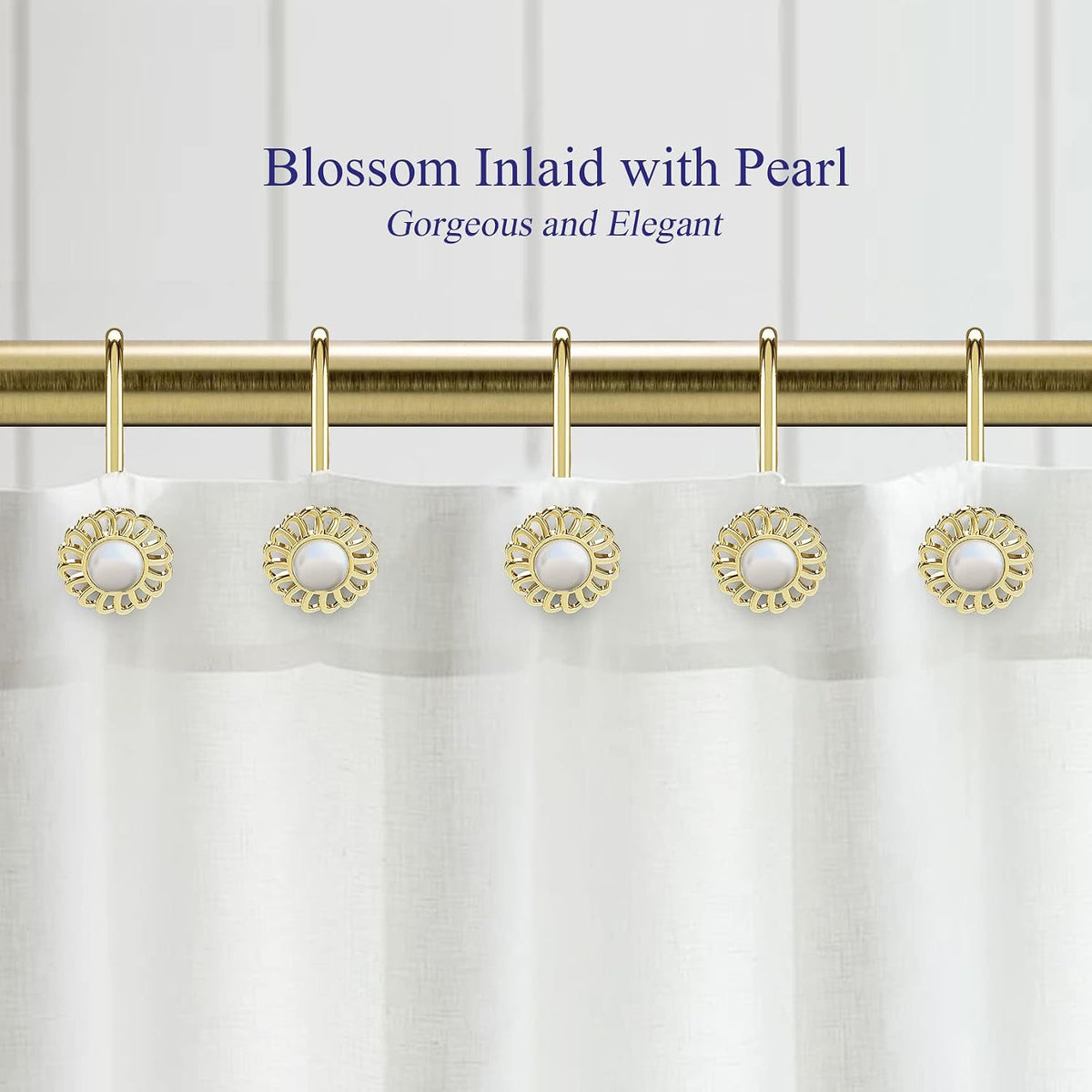 Gold Shower Curtain Hooks Rings, Decorative Shower Curtain Hangers, Heavy Duty Metal Shower Rings, Sunflower Shower Hooks for Shower Curtain Rod and Liner, Bathroom Curtain Hooks, Luxury Gold, iToplin