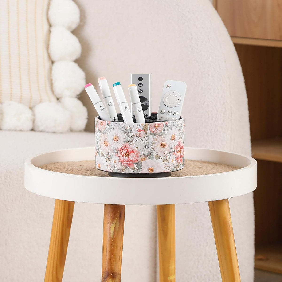 Spinning Remote Caddy for Table, 360 Degree Rotating Desk Organizer and TV Remote Holder, Decorative PU Leather Storage Basket for Bedside, Coffee Table, and Office Stationery, Peony PH128