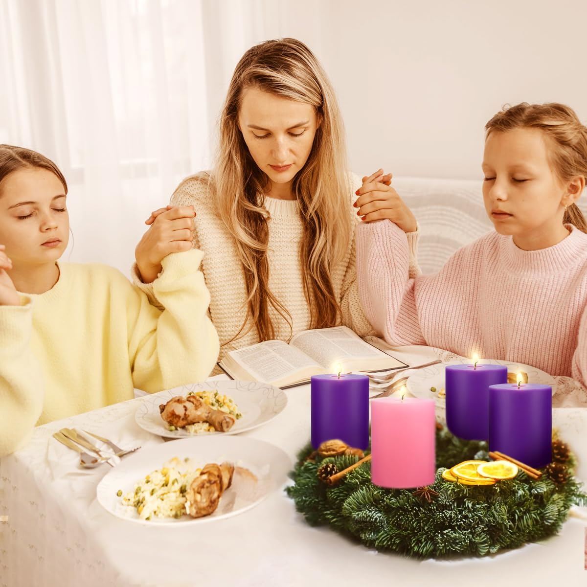 Set of 4 3x4 Inch Christmas Advent Pillar Candles, Unscented 3pcs Purple and 1pc Pink Solid Colored Candles for Christmas - 45 Hours Burn