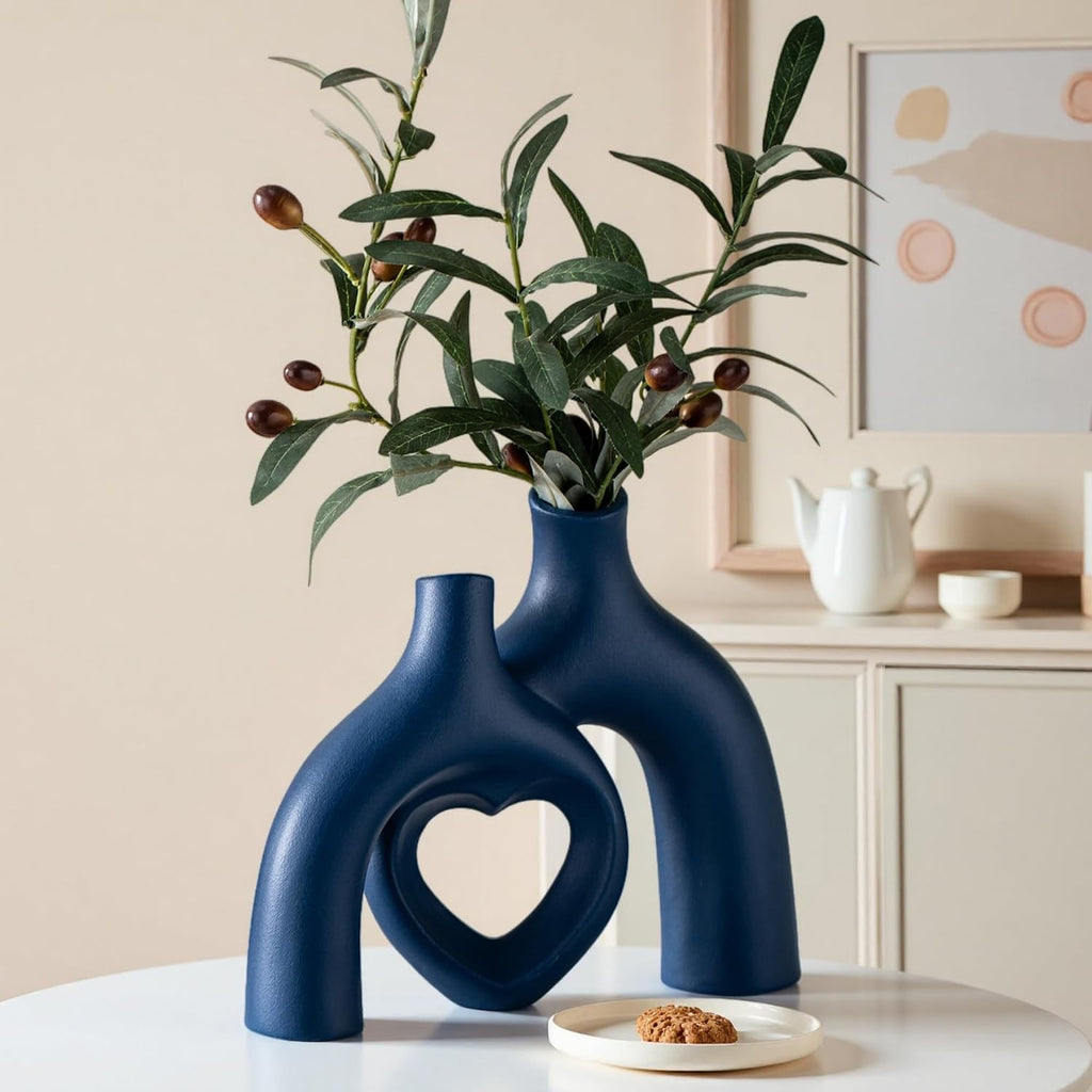 Liotww Ceramic Flower Vase Navy Blue Heart Shaped Home Decor Vase