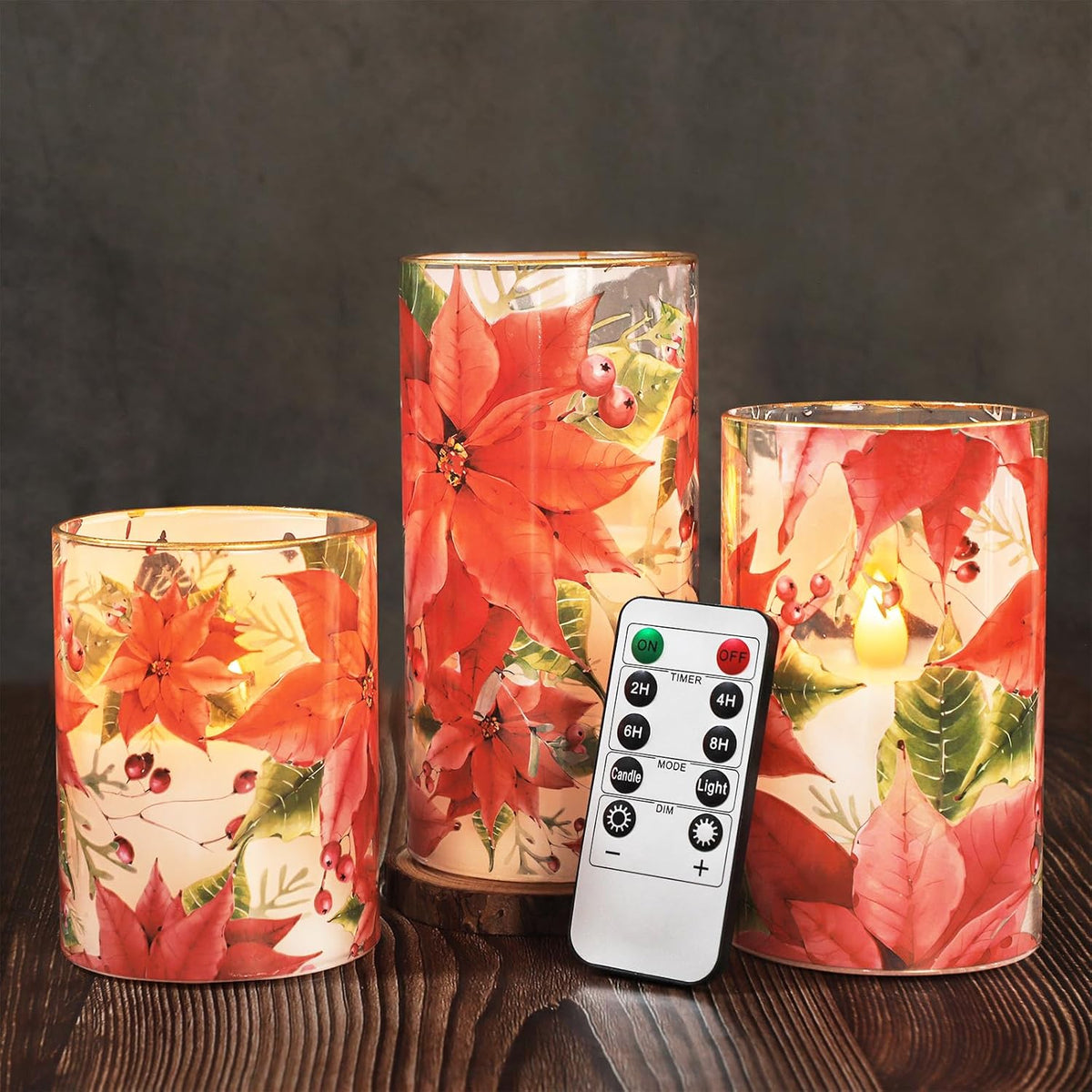 Crystal Club Red Poinsettia Christmas Flameless Candles with Remote