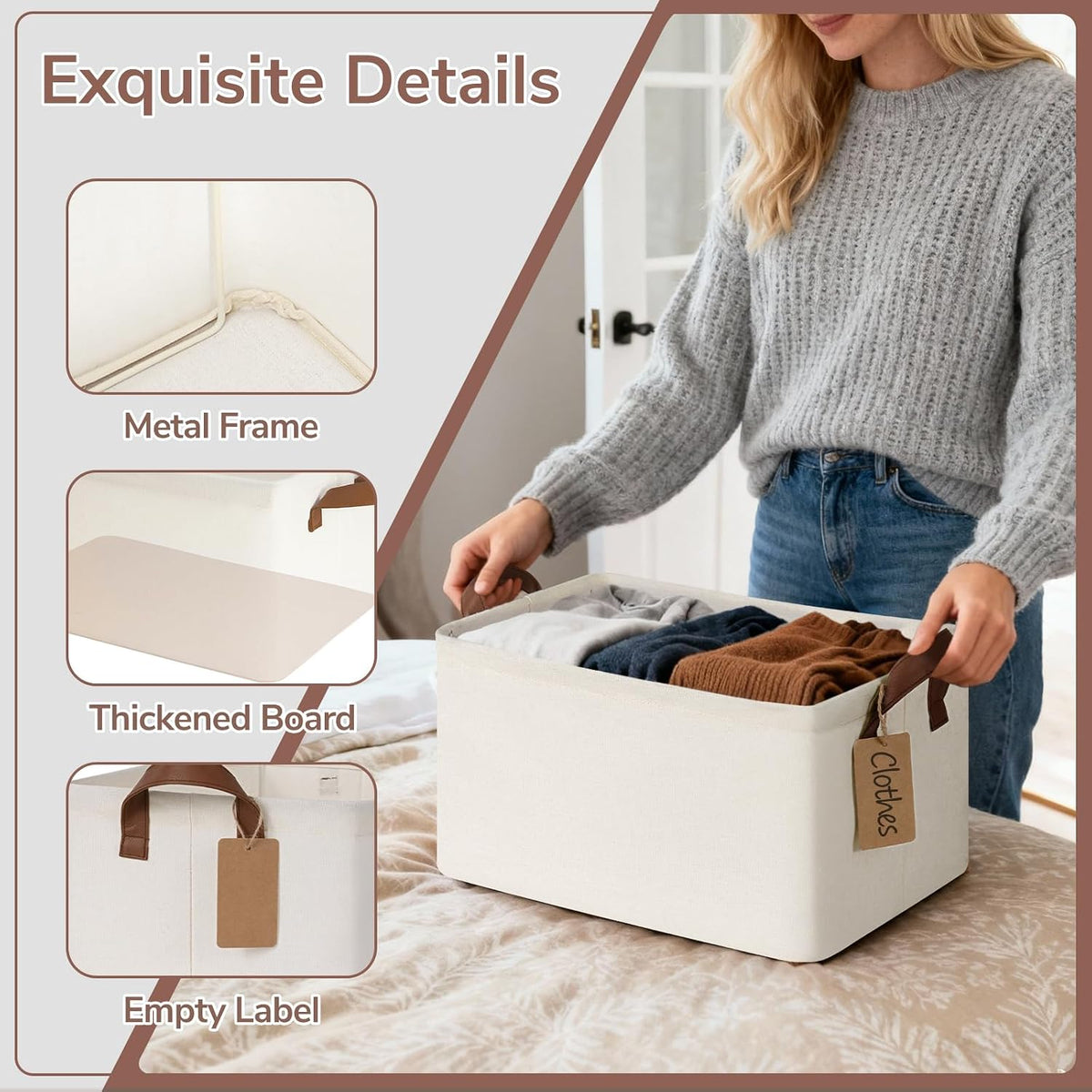 CHICVITA 4 Pack Fabric Storage Bins for Shelves, Metal Frame, 20L Beige