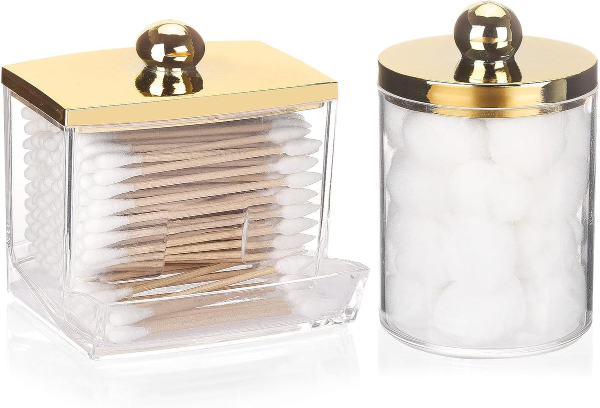 Tbestmax 2 Pack Qtips Dispenser - Bathroom Organizers and Storage Containers, Plastic Apothecary Jars with Gold Lids for Cotton Ball Swab Round Pads, Floss