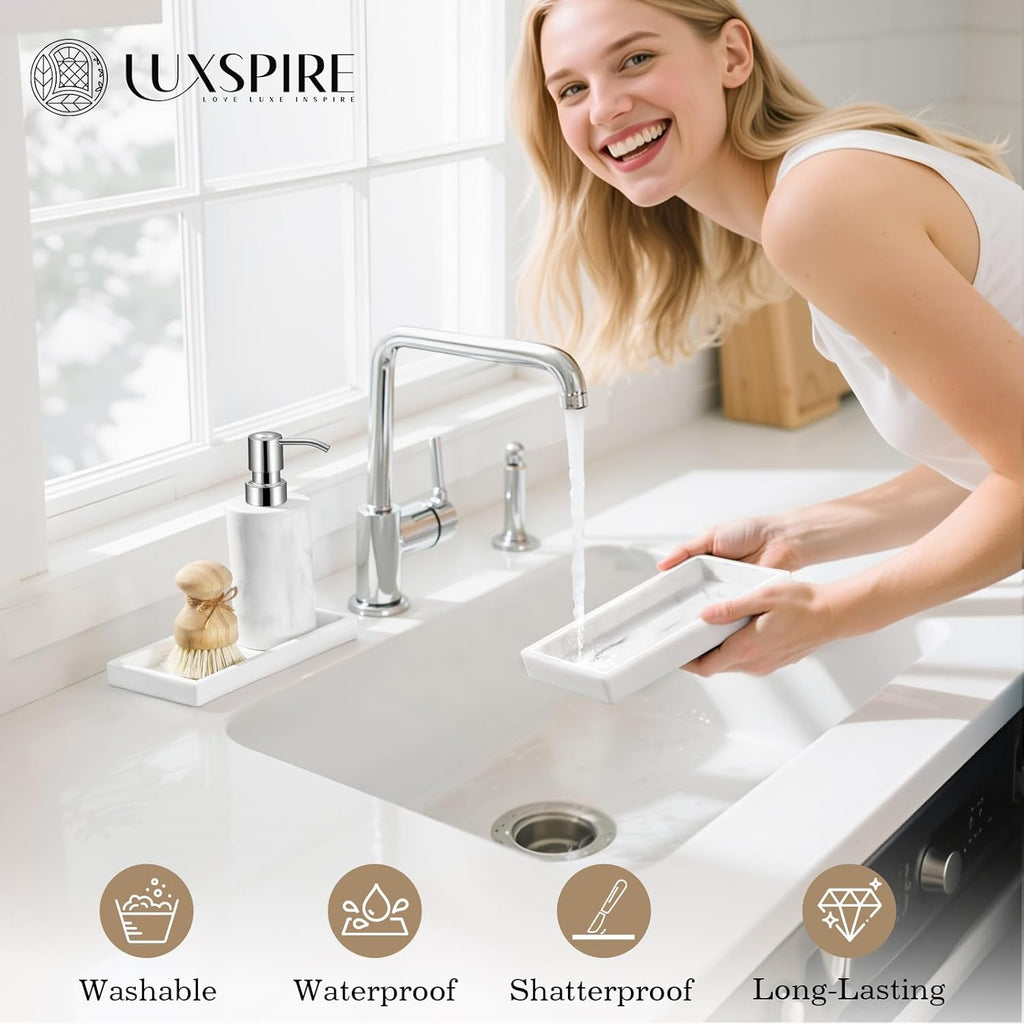 Luxspire 2 Pack Silicone Bathroom Tray 7.9" Vanity Tray, Marble White