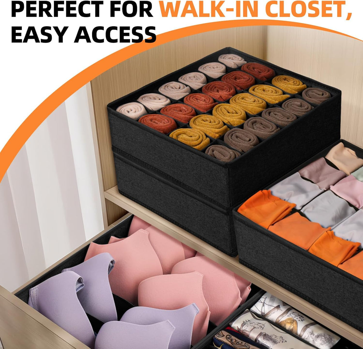 Criusia 6 Pack Sock Underwear Drawer Organizer Dividers - Dresser Organizer for Baby Clothes - Closet Organizers and Storage for Bedroom Essentials for Dorm Room/New Home/Apartment (Black)
