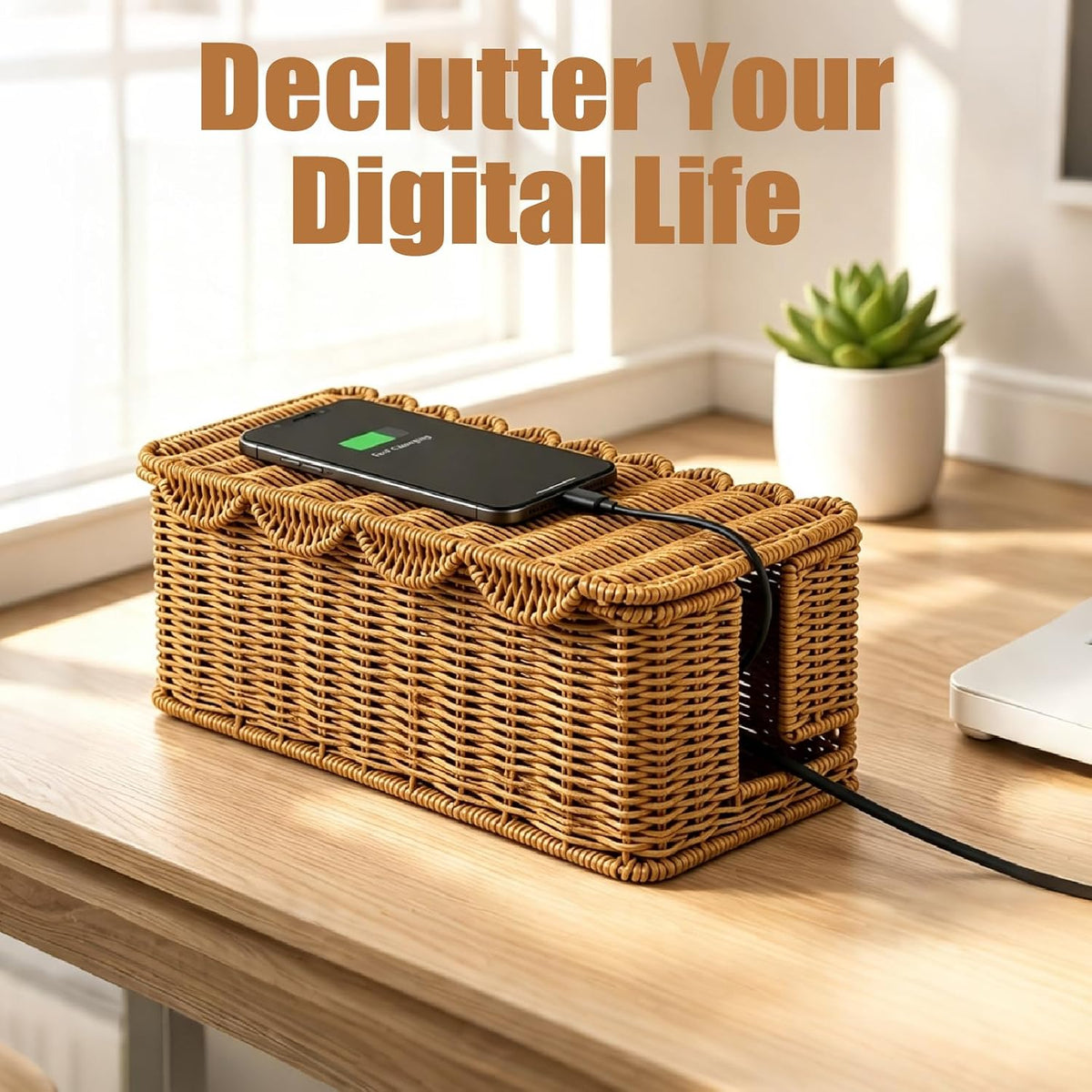 Handmade Rattan Cable Management Box, L Dual Slot Cord Hider Organizer Box