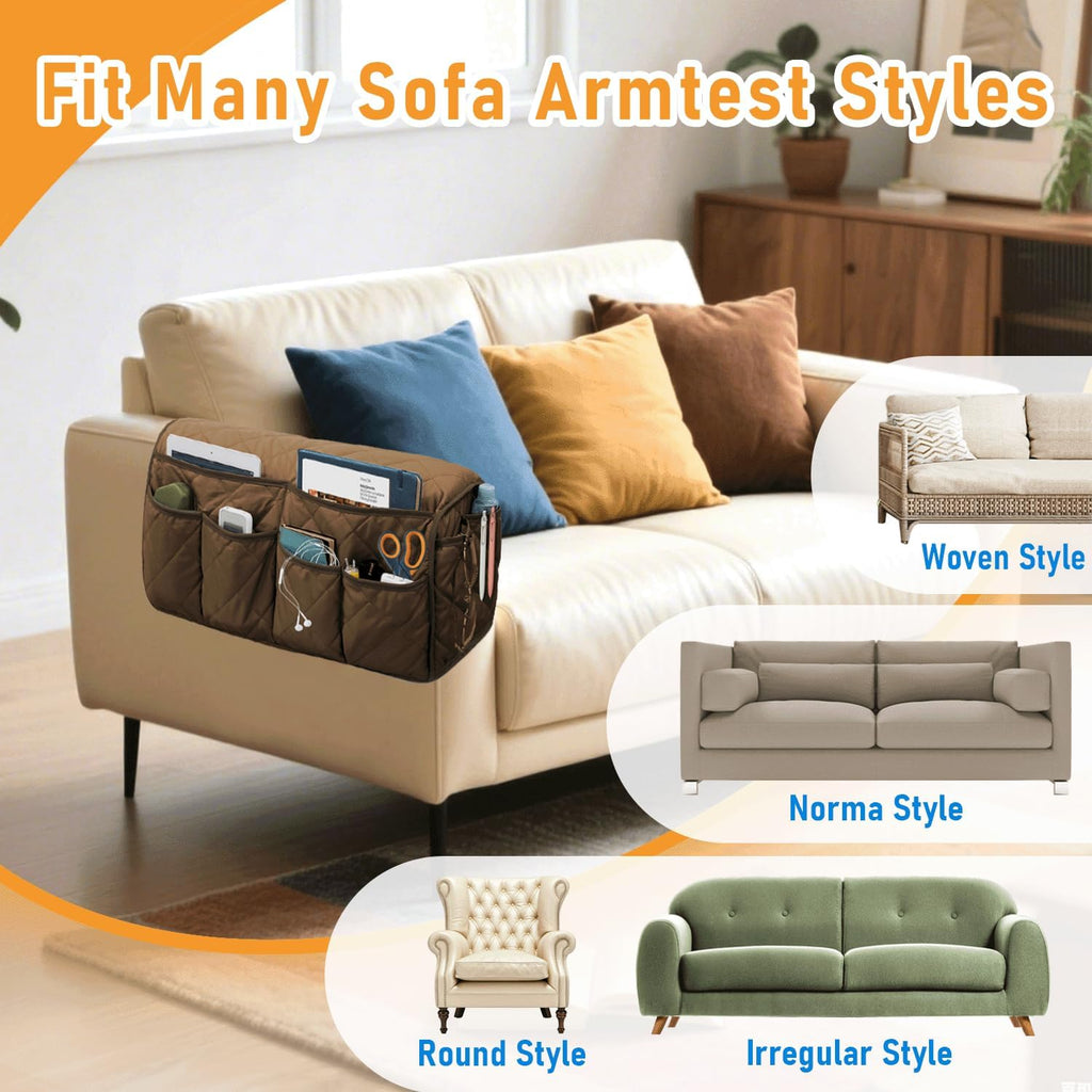Armchair Caddy for Recliner, Non-Slip Recliner Pocket Organizer, Remote Holder for Recliners, Sofa Armrest Organizer, Couch Caddy with 14 Pockets Storage for TV Remote, Phone, Magazine (Brown)
