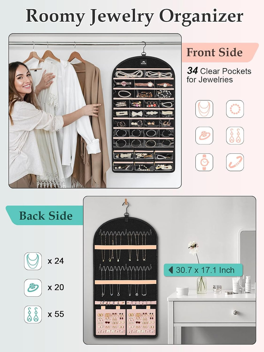 MATEIN Hanging Jewelry Organizer with Removable Zipper Jewelry Pouches