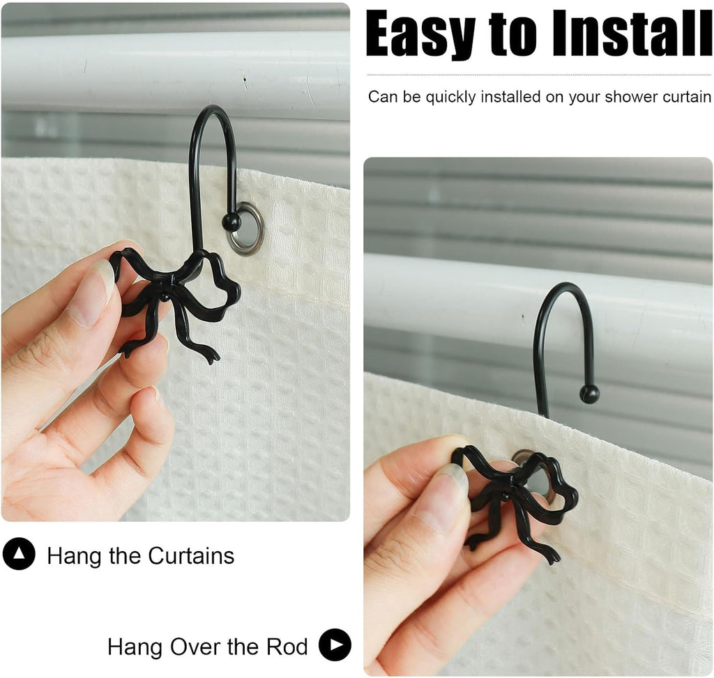 Bow Decorative Shower Curtain Hooks, Fashion Bowknot Shower Curtain Rings, Modern Bow Shower Curtain Hangers, 12PCS Shower Hooks for Shower Curtain, Home Decor, Bathroom, Bedroom, Living Room (Black)
