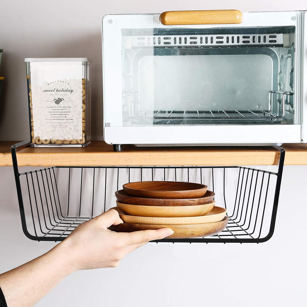 Under Shelf Baskets for Storage, Under Shelf Wire Basket Carbon Steel Basket Under Cabinet Shelf, Welding Joints, Baking Finish, Easy to Install without Holes, 6 PCS, Black