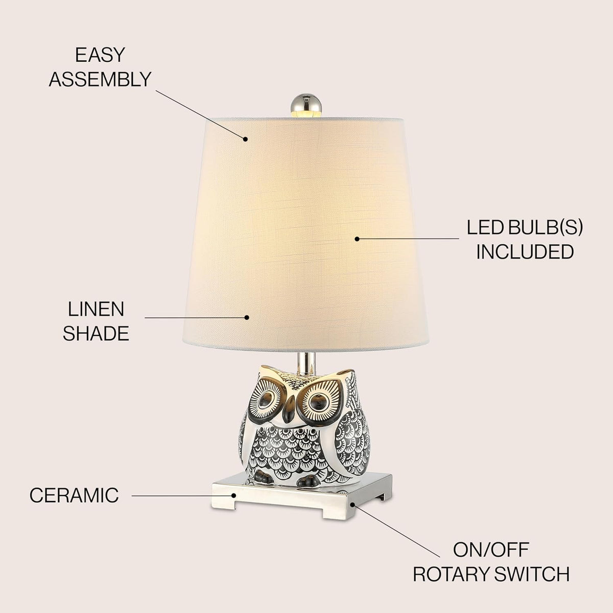 JONATHAN Y Justina Owl Mini Table Lamp 16" Ceramic, Black/White