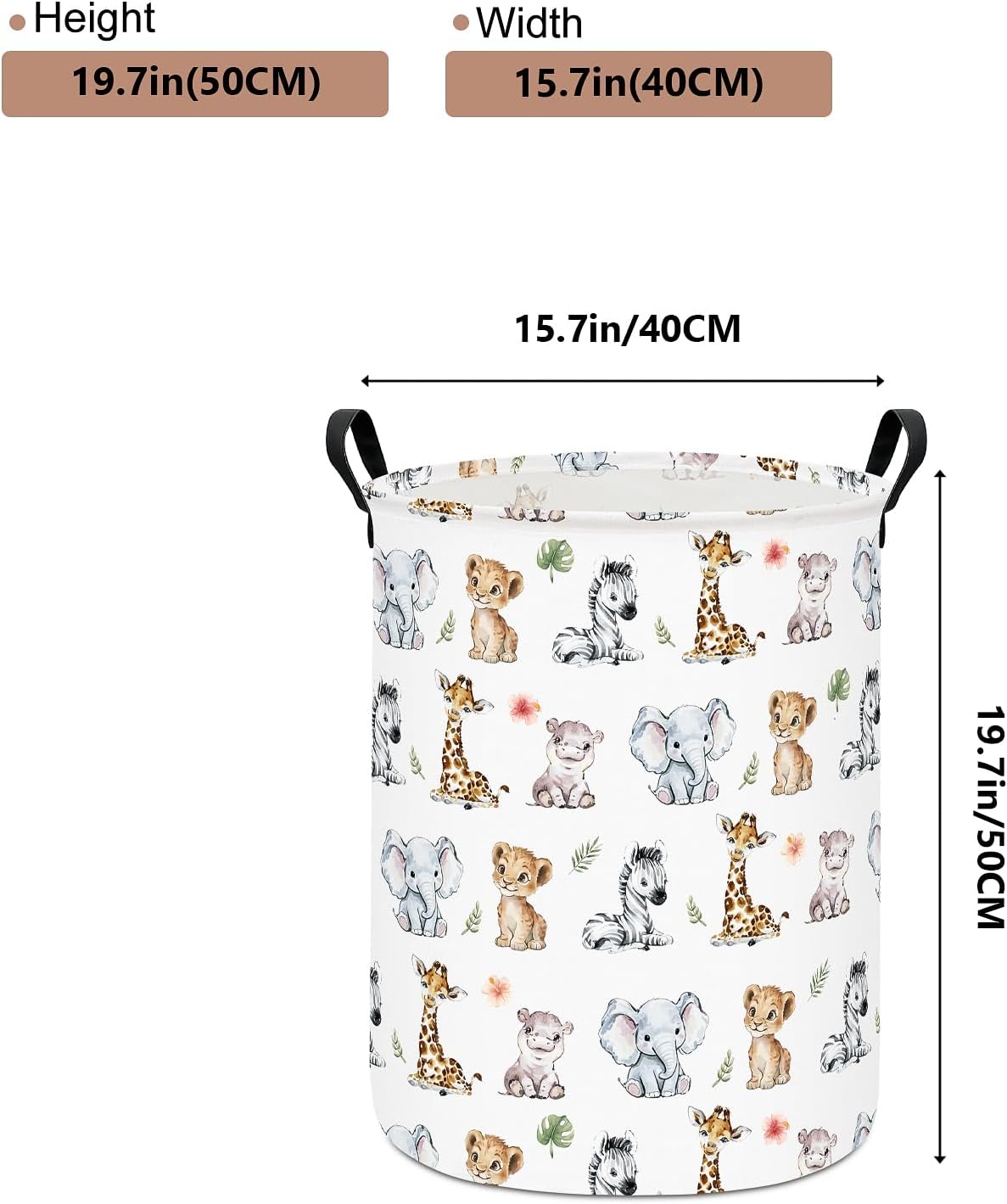 Round Collapsible Laundry Hamper with Handles, Jungle Animal Print