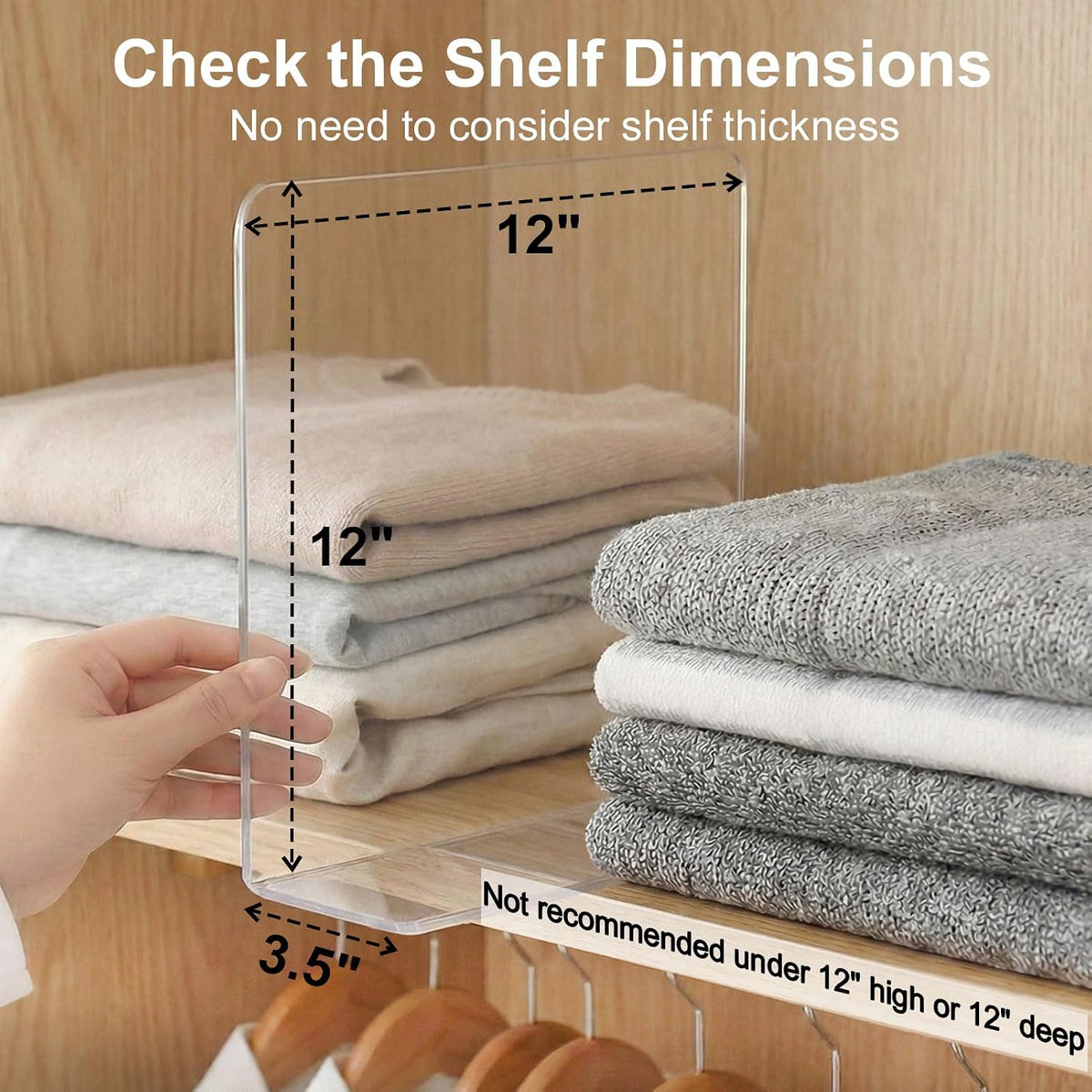 SortNStore Shelf Dividers Closet Organization: 12" Tall x 12" Deep (Taller)