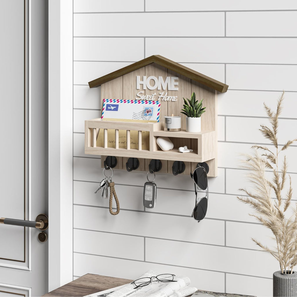 Key and Mail Holder for Wall, Wall Key Holder with Shelf, Key Rack Wall Mount, Wood Key Holder Wall Mount, Mail Organizer Wall Mounted, Entryway & Front Door Key Holder with 5 Hooks(White)