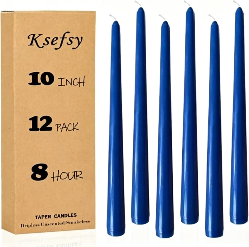 Blue Taper Candles, 12 Pack 7/8"x10" Dripless Unscented Candlesticks
