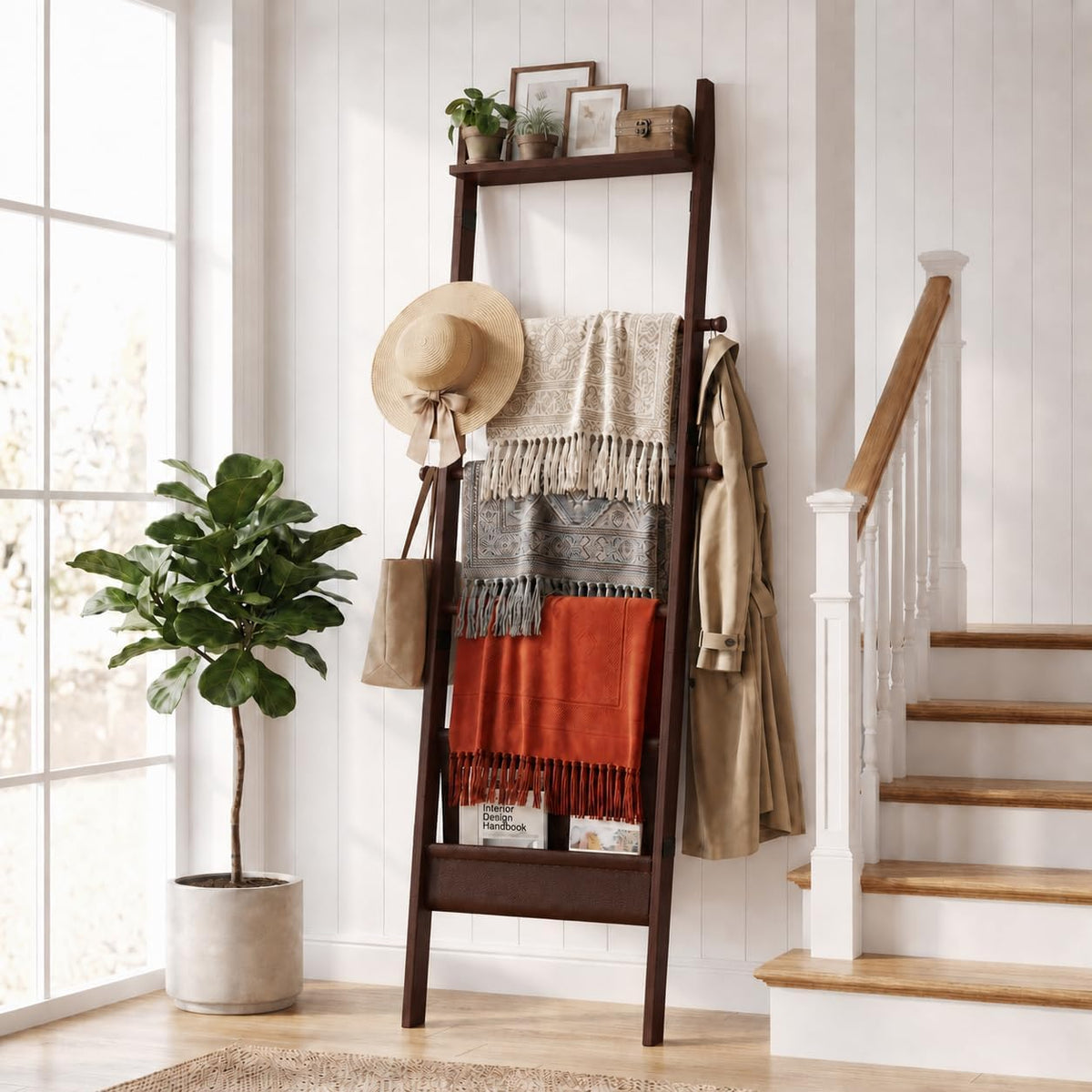 BAMBANG 71" 4-in-1 Blanket Ladder for Living Room, 5-Tier Leaning Bamboo Decorative Towel & Quilt Rack with Magazine Leather Pocket, 4 Detachable Hanging Bars, Space-Saving Shelf for Bedroom (Brown)