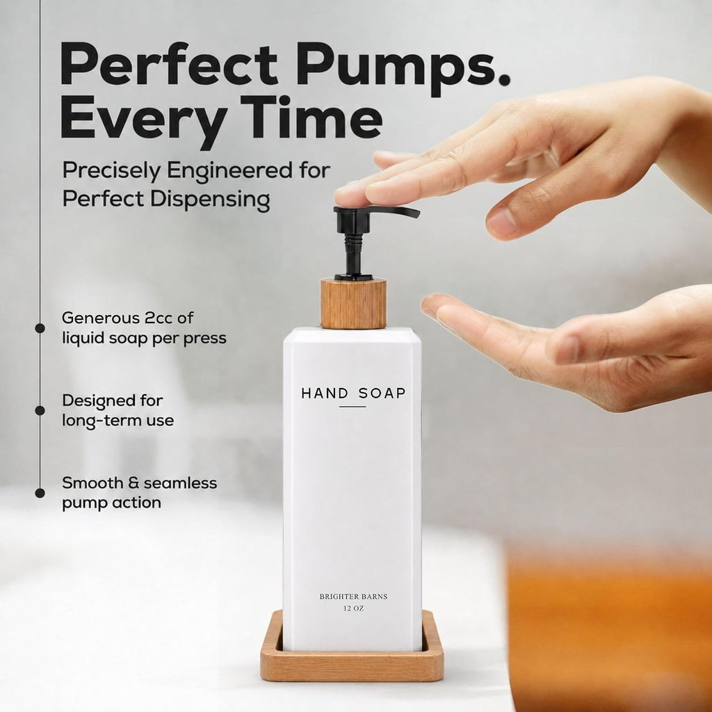 Luxury Glass Hand and Dish Soap Dispenser Set by Brighter Barns - 12oz Kitchen Soap Dispenser Set - Liquid Hand Soap Bottle with Tray & Pump - Modern Farmhouse Decor for Sink, Restaurant (Black/White)