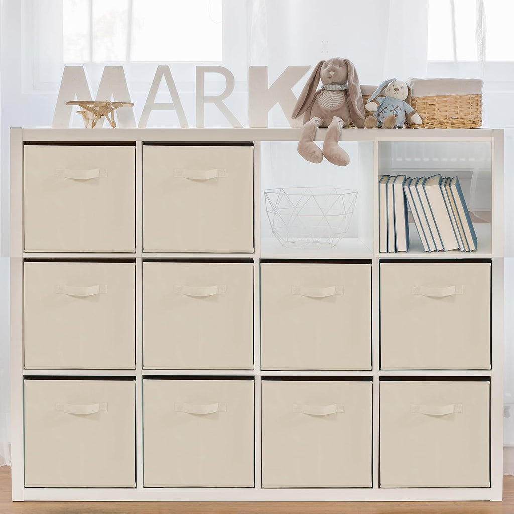 11x11 Storage Bins, Set of 10 Storage Cubes, Collapsible Cube Storage Bins, Fabric Closet Organizers with Handles for Home, Office, Closet Shelf Cabinet, Bookcase, Beige