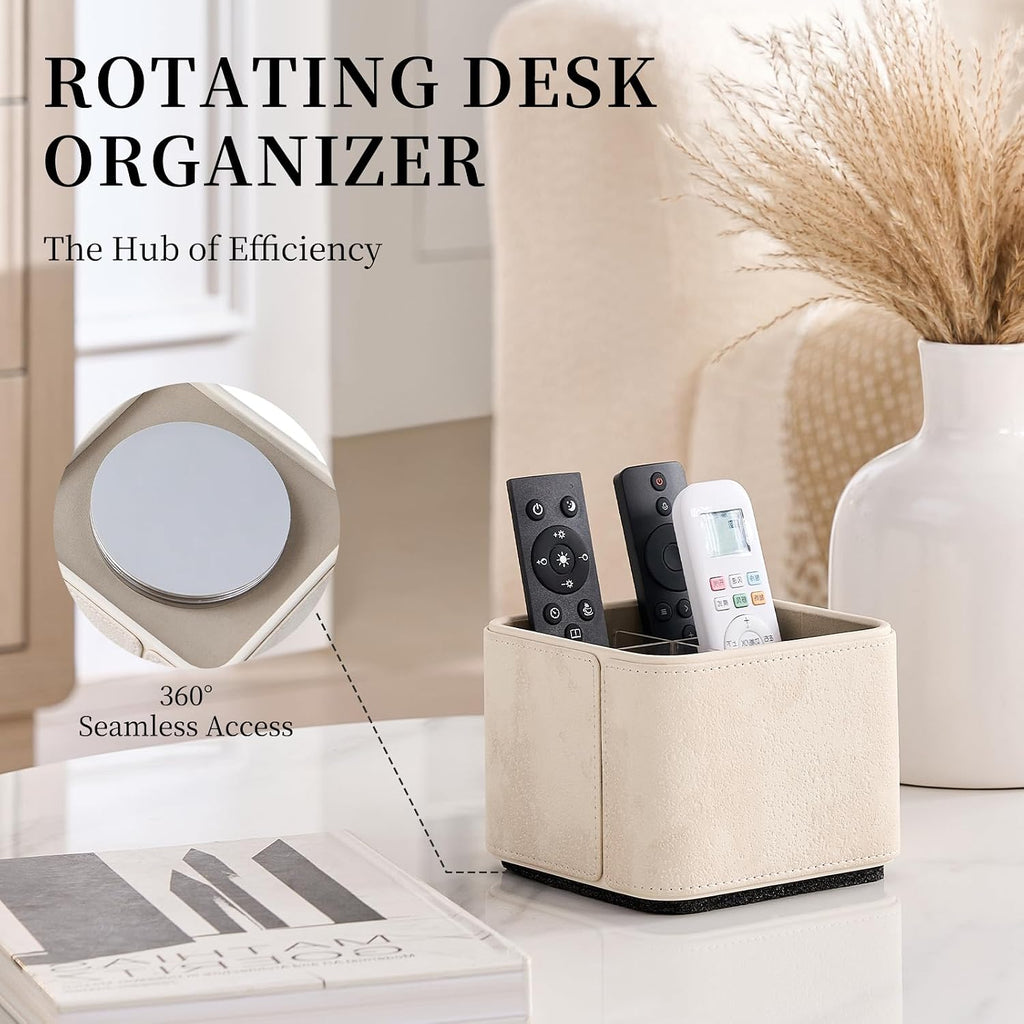 360° Rotating TV Remote Control Holder & Desk Organizer, Travertine-Look PU Leather, 0.421kg Wood Core, Removable Acrylic Divider (Off White)