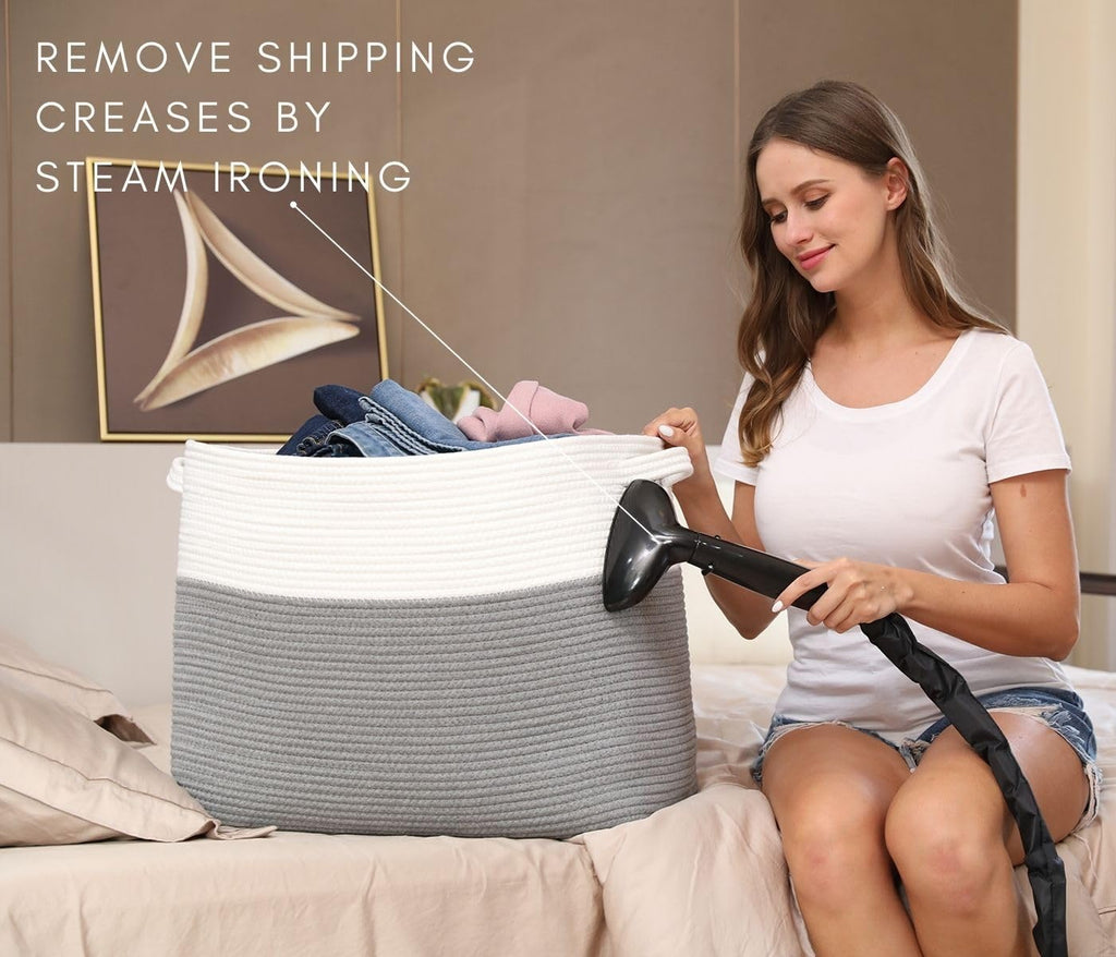 20x12x16 Inch Cottonphant Extra Large Rectangular Basket, Open Cotton Rope Blanket Storage Bin for Living Room Bedroom Closet, White & Grey